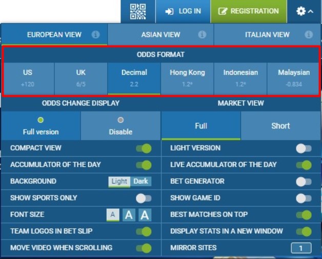 1xBet Odds Format Screenshot