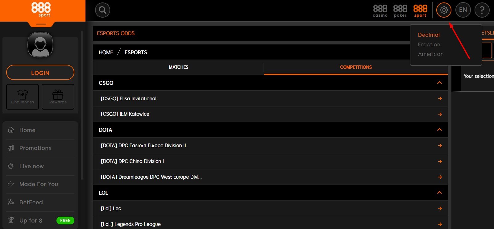 888sport Odds Format Screenshot
