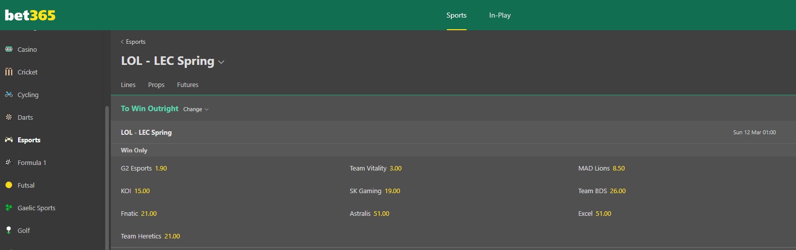 bet365 LoL Futures Screenshot