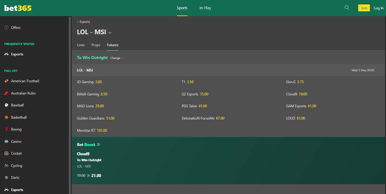 bet365 LoL MSI odds screenshot