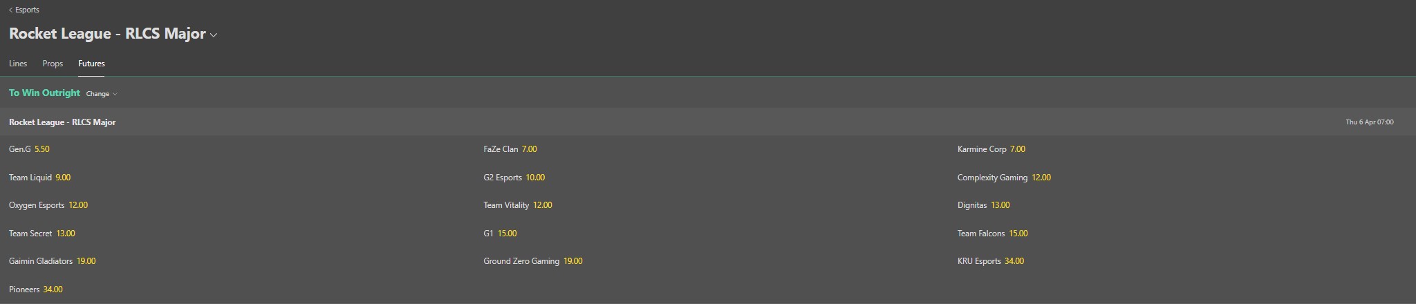 bet365 Rocket League Betting Screenshot