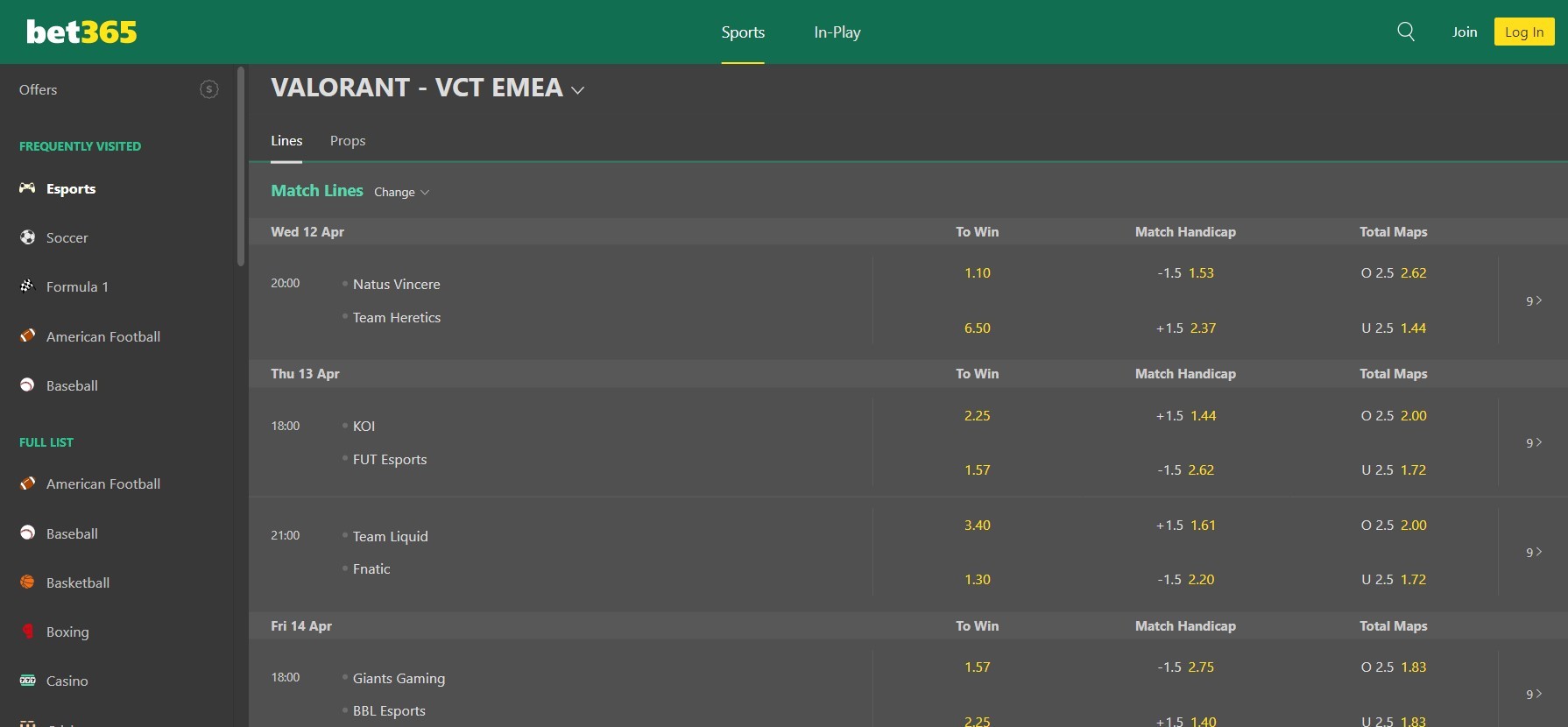 bet365 VCT EMEA Odds Screenshot