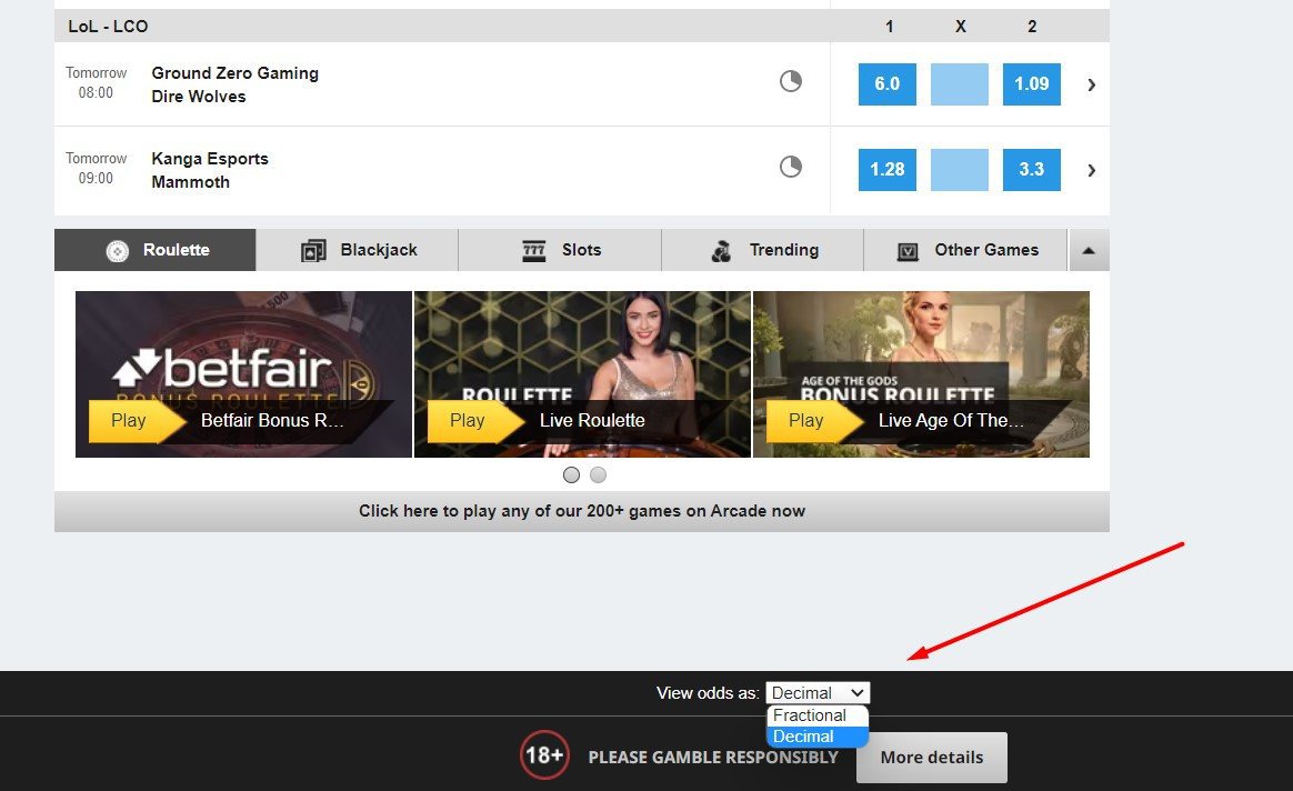 Betfair Odds Format Screenshot