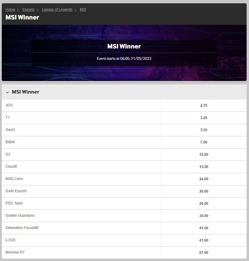 Betway LoL MSI odds screenshot