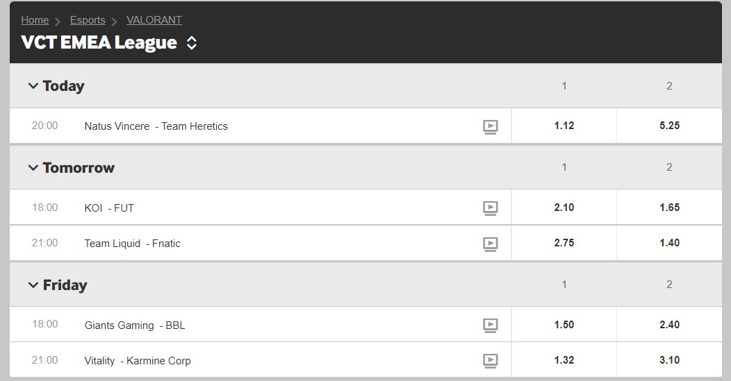 Betway VCT EMEA Odds Screenshot