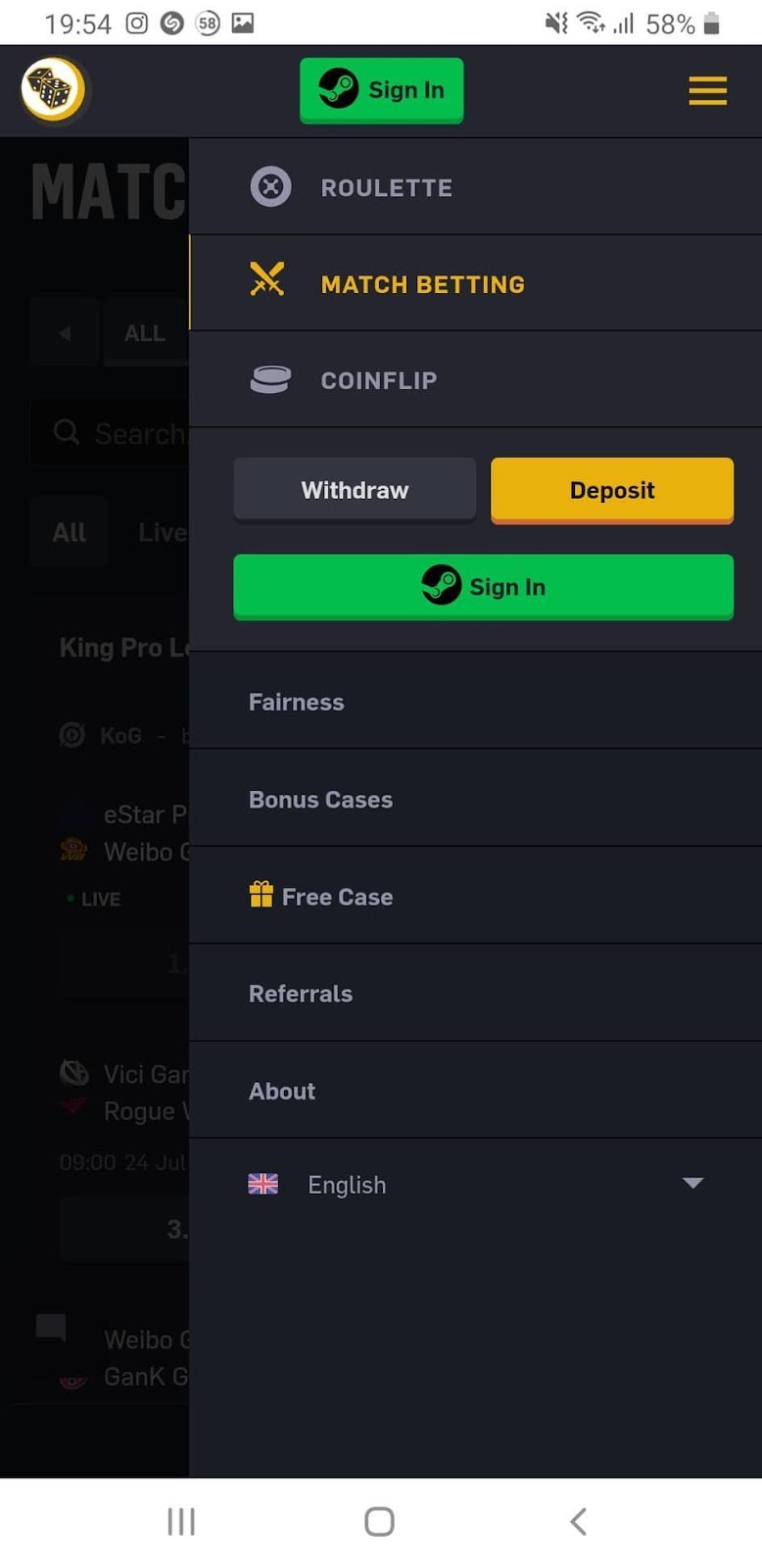 CSGO Empire Mobile Menu