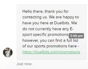 Duelbits Live Chat Response Screenshot