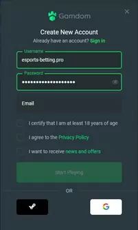 Gamdom Registration Page Screenshot
